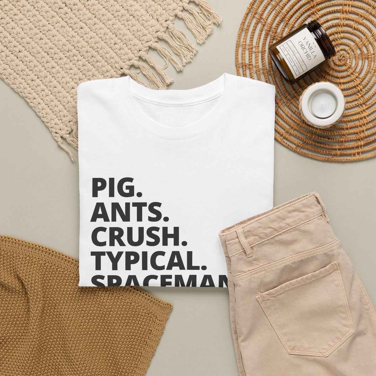 Text Tee — “PIG. ANTS. CRUSH. TYPICAL. SPACEMAN. WAREHOUSE.” Minimalist Statement T-Shirt