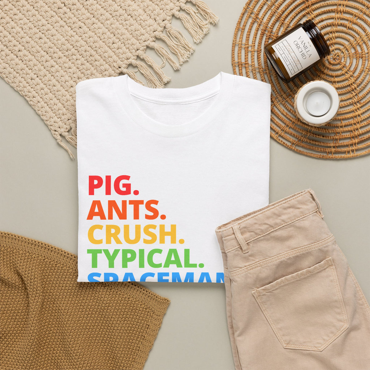 Typography Tee — Rainbow 'PIG. ANTS. CRUSH. TYPICAL. SPACEMAN. WAREHOUSE.' Graphic Shirt