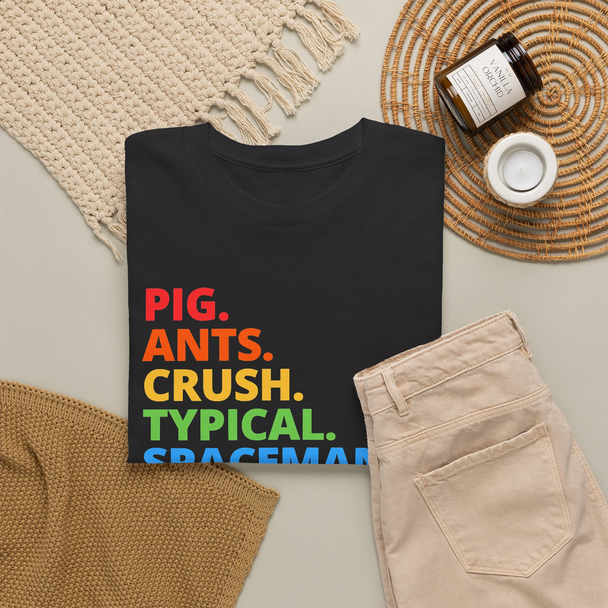 Typography Tee — Rainbow 'PIG. ANTS. CRUSH. TYPICAL. SPACEMAN. WAREHOUSE.' Graphic Shirt