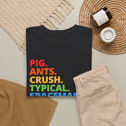 Typography Tee — Rainbow 'PIG. ANTS. CRUSH. TYPICAL. SPACEMAN. WAREHOUSE.' Graphic Shirt