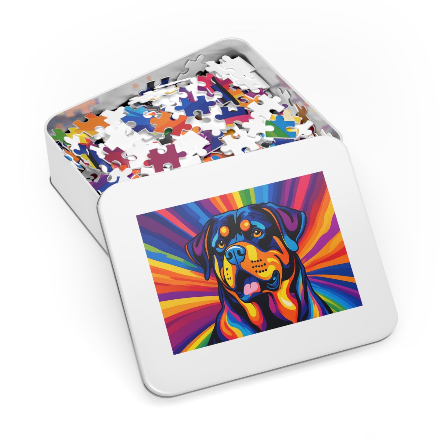 Colorful Rottweiler Puzzle — 500-piece Jigsaw with Tin (Vibrant Pop Art Dog)