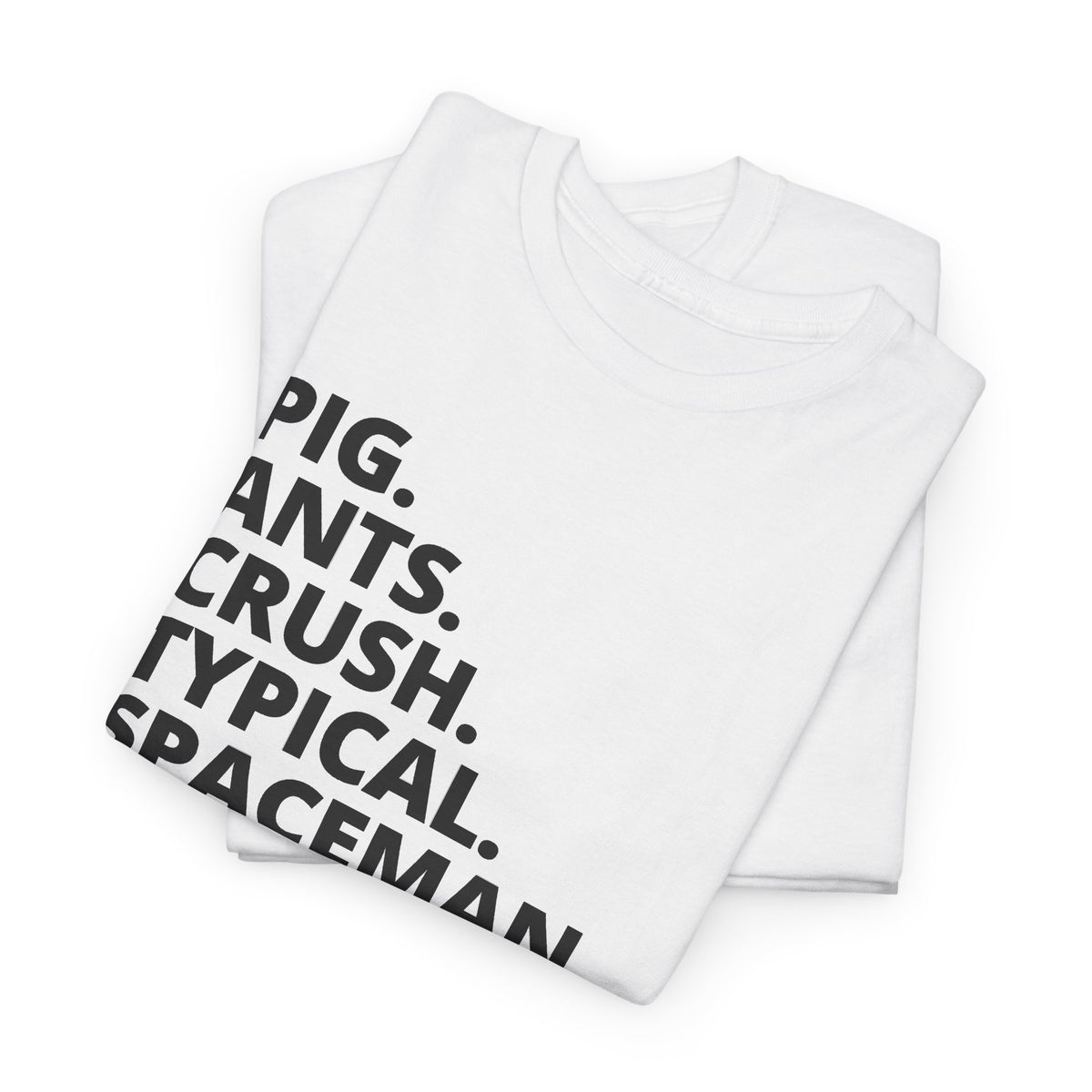 Text Tee — “PIG. ANTS. CRUSH. TYPICAL. SPACEMAN. WAREHOUSE.” Minimalist Statement T-Shirt