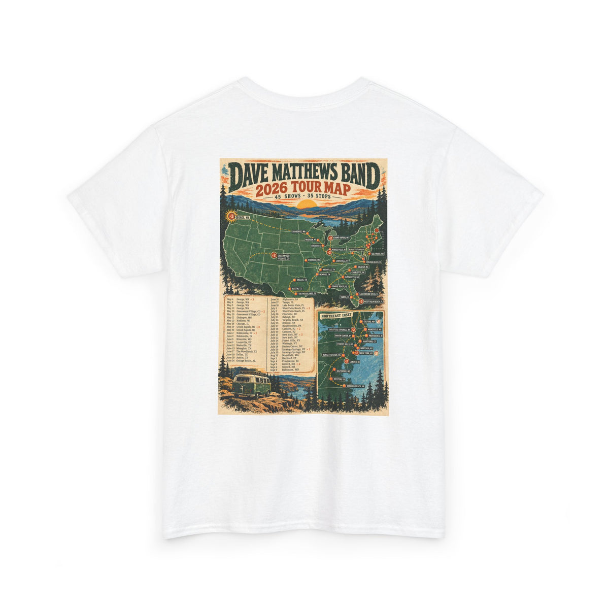 Dave Matthews Band 2026 Tour Map T-Shirt — Concert Tee with US Tour Dates