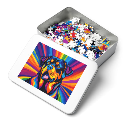 Colorful Rottweiler Puzzle — 500-piece Jigsaw with Tin (Vibrant Pop Art Dog)