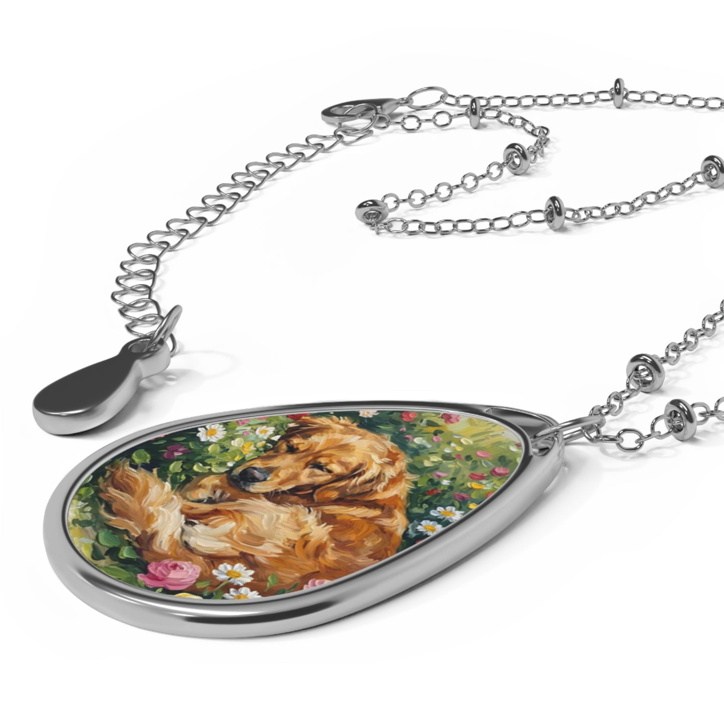 Golden Retriever Floral Oval Necklace