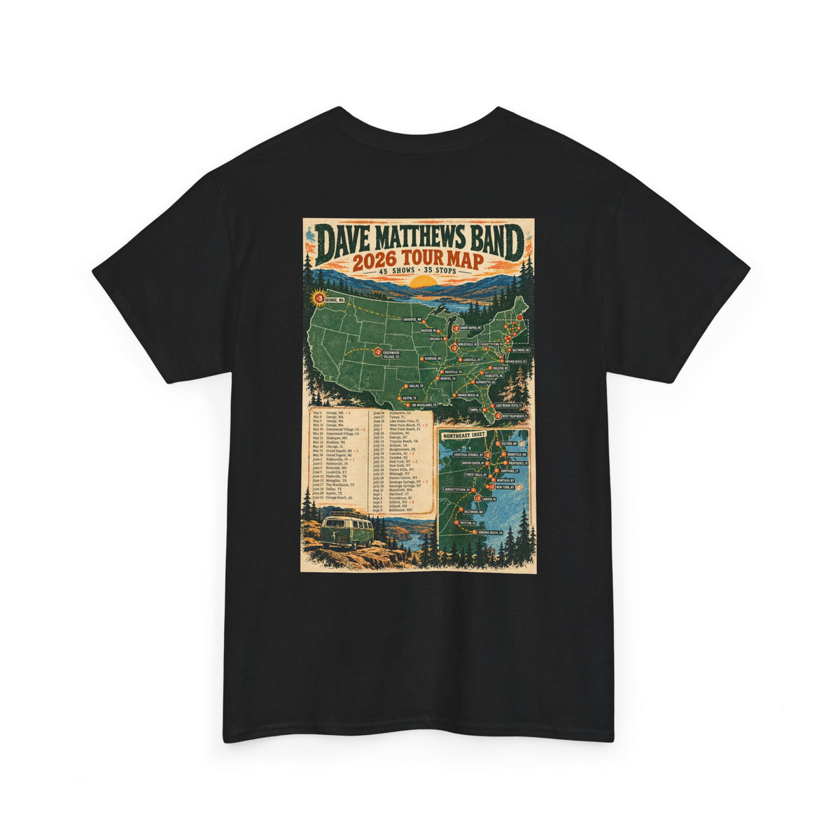 Dave Matthews Band 2026 Tour Map T-Shirt — Concert Tee with US Tour Dates