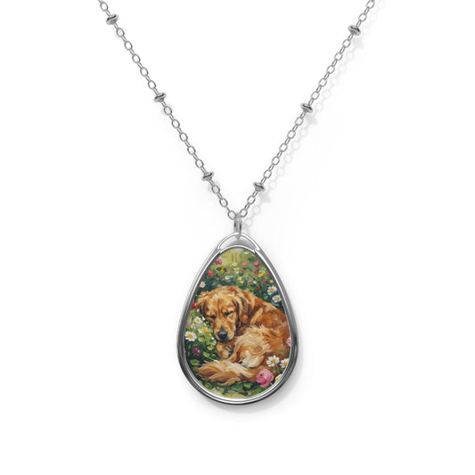 Golden Retriever Floral Oval Necklace