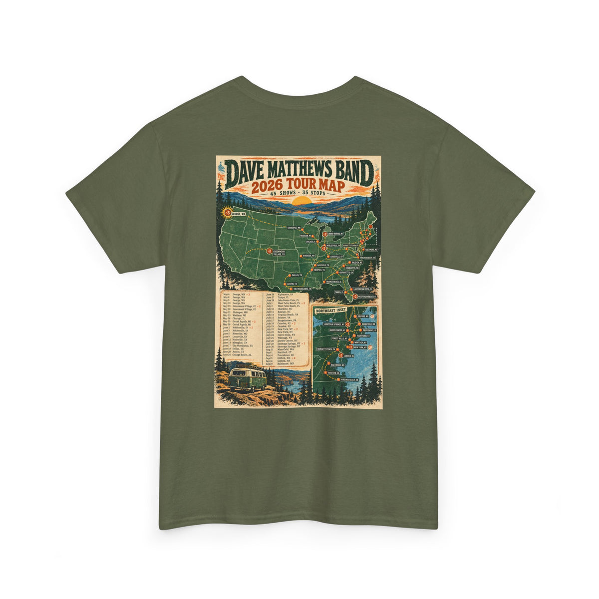 Dave Matthews Band 2026 Tour Map T-Shirt — Concert Tee with US Tour Dates