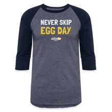 Load image into Gallery viewer, E1 Egg Day Baseball T-Shirt - heather blue/navy
