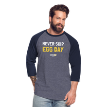 Load image into Gallery viewer, E1 Egg Day Baseball T-Shirt - heather blue/navy
