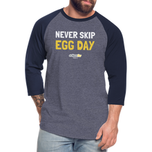 Load image into Gallery viewer, E1 Egg Day Baseball T-Shirt - heather blue/navy
